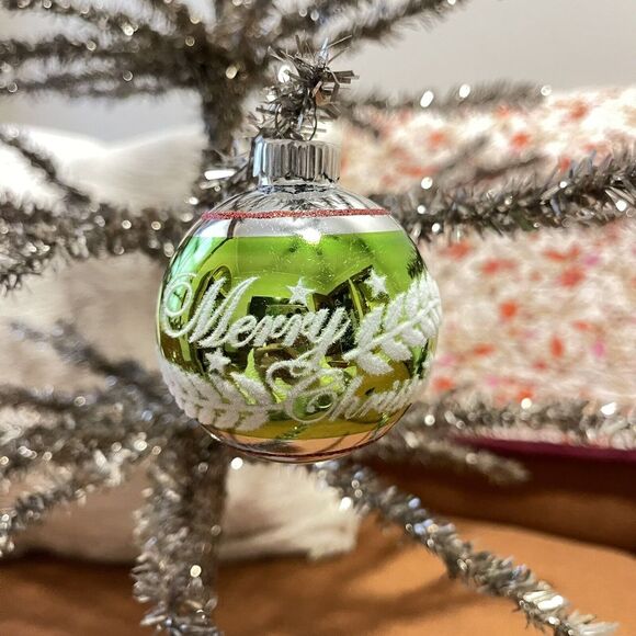 3" Radko Shiny Brite Stenciled Flocked Ornament Merry Christmas Red Green Silver - Picture 1 of 5